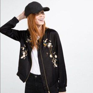 Zara Embroidered Bird Cherry Blossom Satin Bomber Jacket